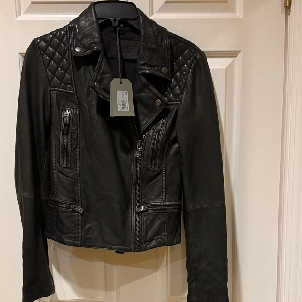 All Saints Quilted Black Leather Jacket